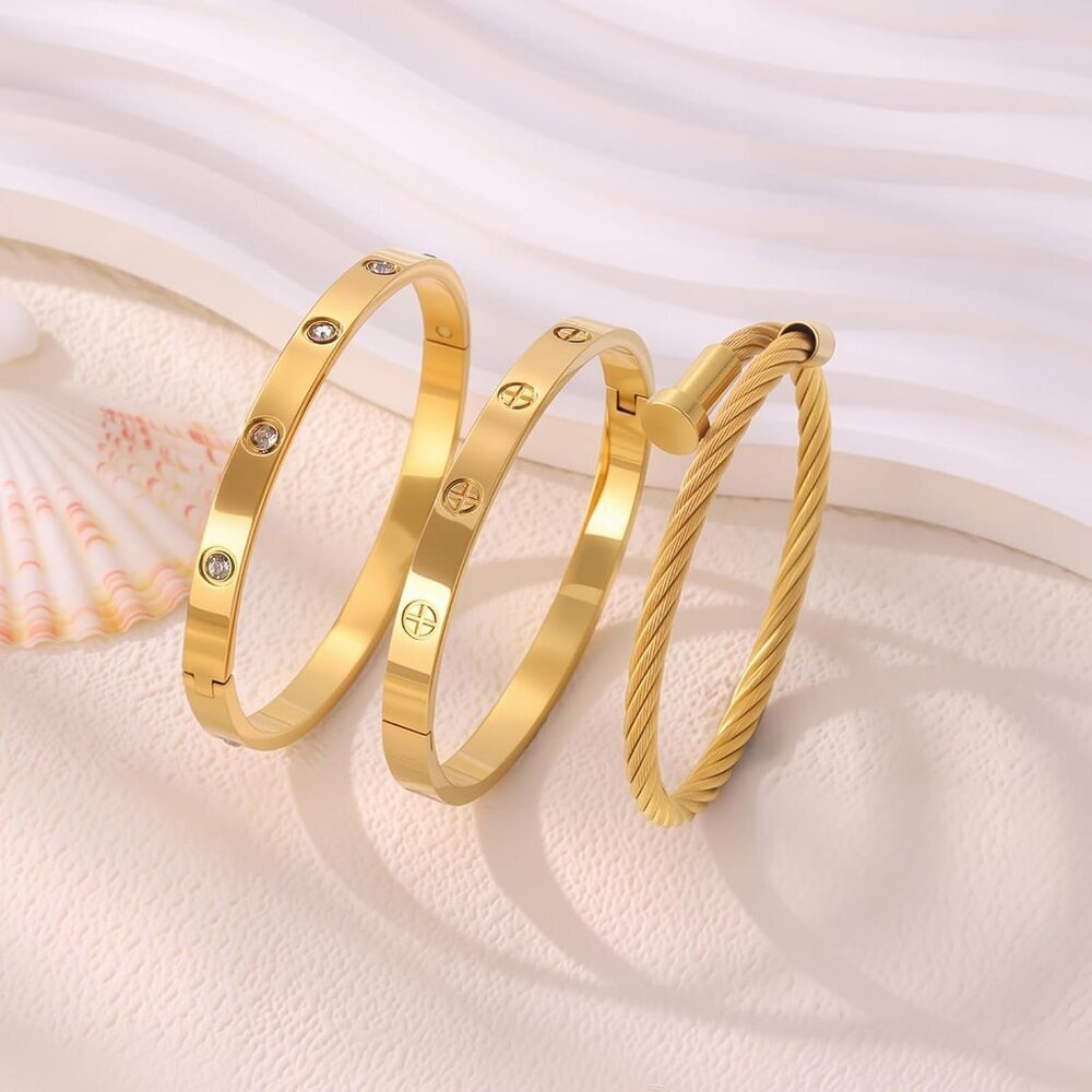 Gold Stainless Steel Stackable Bangles With Cryst… - image 6